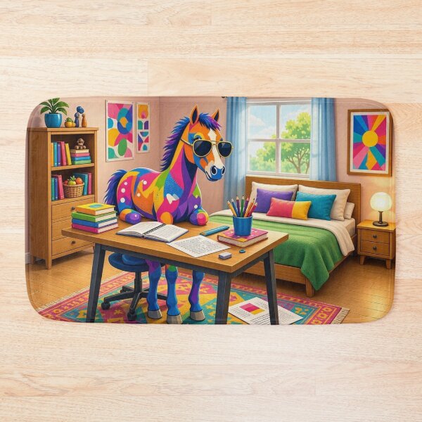 Item preview, Rainbow Horse Doing Homework in Cute Bedroom designed and sold by Breezes-of-Ida.
