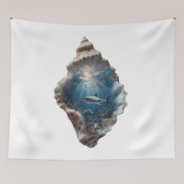 Item preview, Great White Shark and Coral Reef Miniature World Inside Seashell Fantasy Art designed and sold by LC&LCPlatform.