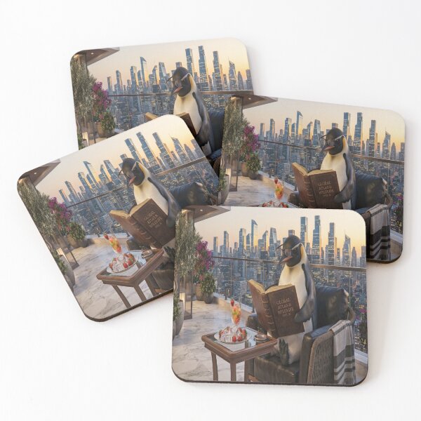 Item preview, Penguin Reading Book on City Balcony Art Print designed and sold by AfresStudio.
