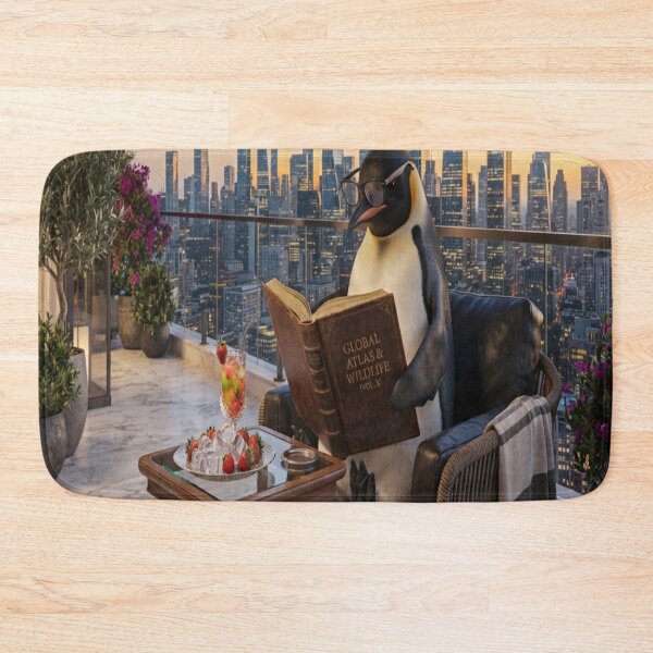 Item preview, Penguin Reading Book on City Balcony Art Print designed and sold by AfresStudio.