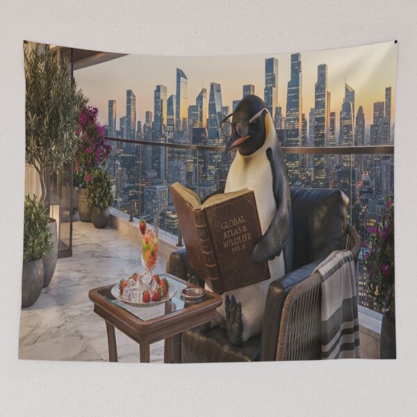 Item preview, Penguin Reading Book on City Balcony Art Print designed and sold by AfresStudio.