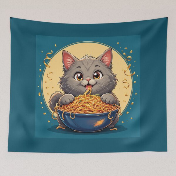 Item preview, Adorable Kawaii Kitten Eating Spaghetti in Festive Cartoon Style designed and sold by Mindful56.
