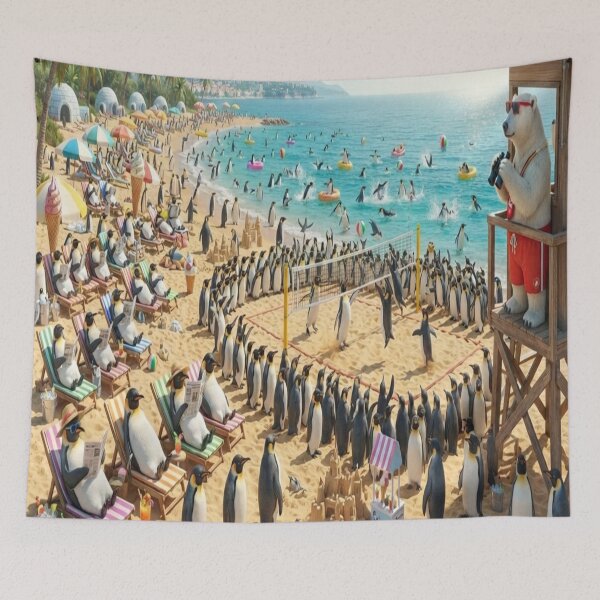 Item preview, Polar Bear Lifeguard Watching Penguins Play Volleyball Art Print designed and sold by AfresStudio.