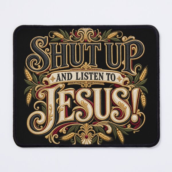 Item preview, Shut Up and Listen to Jesus – Ornate Victorian Embroidery Christian Typography designed and sold by Emoji Emblems.