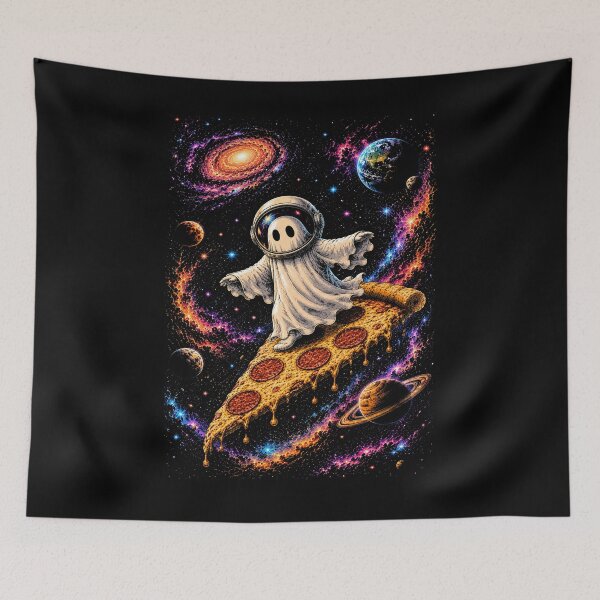 Item preview, Cute Ghost Astronaut Riding Pizza Through Space | Colorful Space Fantasy designed and sold by SOUFIANE1991.