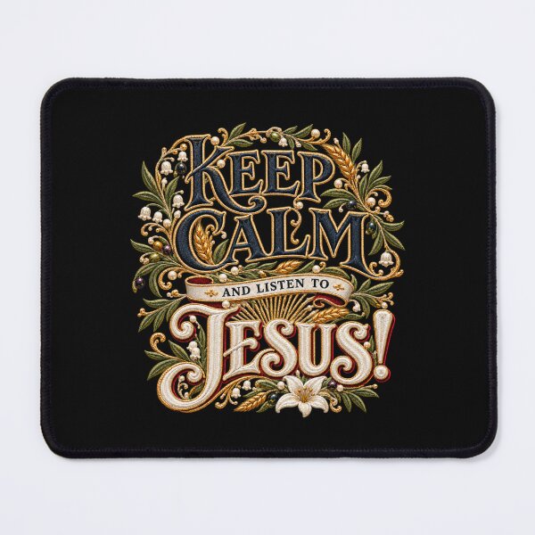 Item preview, Keep Calm and Listen to Jesus – Ornate Embroidered Christian Typography designed and sold by Emoji Emblems.