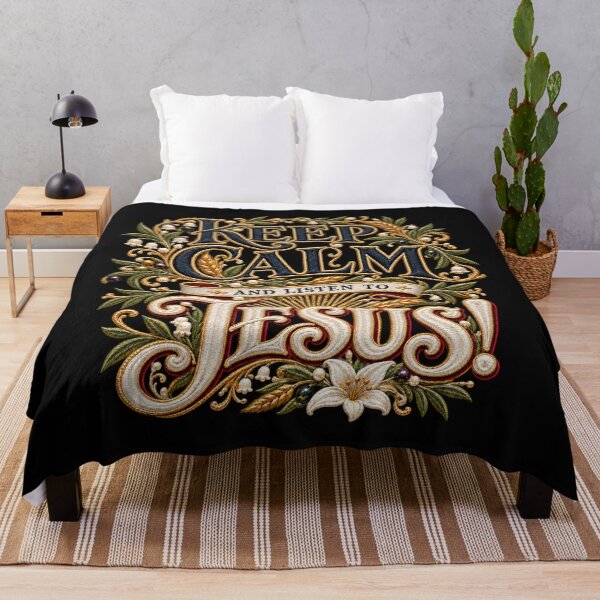 Item preview, Keep Calm and Listen to Jesus – Ornate Embroidered Christian Typography designed and sold by Emoji Emblems.