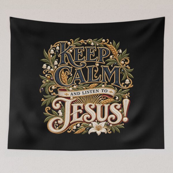 Item preview, Keep Calm and Listen to Jesus – Ornate Embroidered Christian Typography designed and sold by Emoji Emblems.