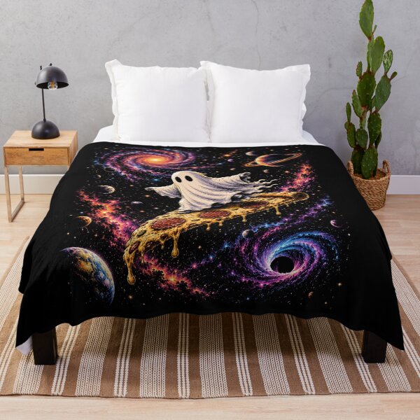 Item preview, Cute Ghost Astronaut Riding Pizza Through Space | Colorful Space Fantasy designed and sold by SOUFIANE1991.
