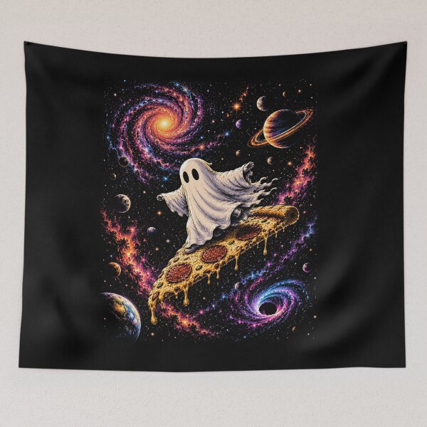 Item preview, Cute Ghost Astronaut Riding Pizza Through Space | Colorful Space Fantasy designed and sold by SOUFIANE1991.