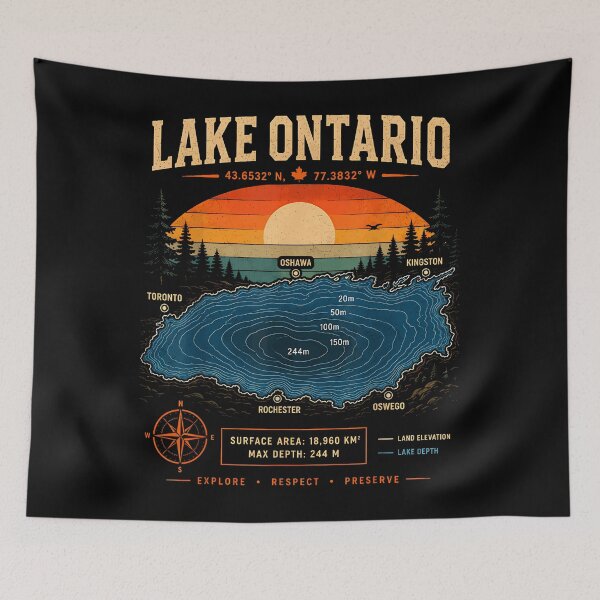 Item preview, Lake Ontario Depth Map Coordinates Oshawa Toronto Rochester Explore Respect Preserve Outdoor Fan Apparel designed and sold by Sendowart.