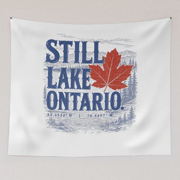 Item preview, Still Lake Ontario Red Maple Leaf Coordinates Mountain Scene Classic Text Fan Apparel designed and sold by Sendowart.