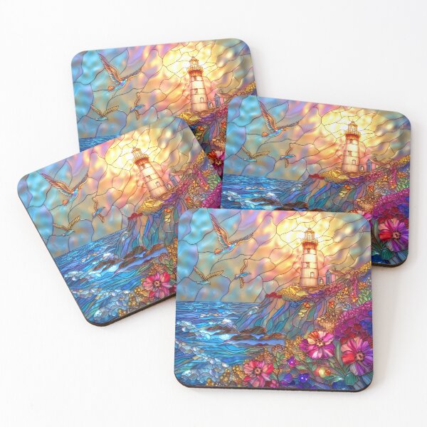 Item preview, Lighthouse Stained Glass Sunset Art, Coastal Ocean Scene designed and sold by MargaretWiktor.