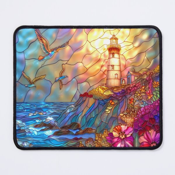 Item preview, Lighthouse Stained Glass Sunset Art, Coastal Ocean Scene designed and sold by MargaretWiktor.