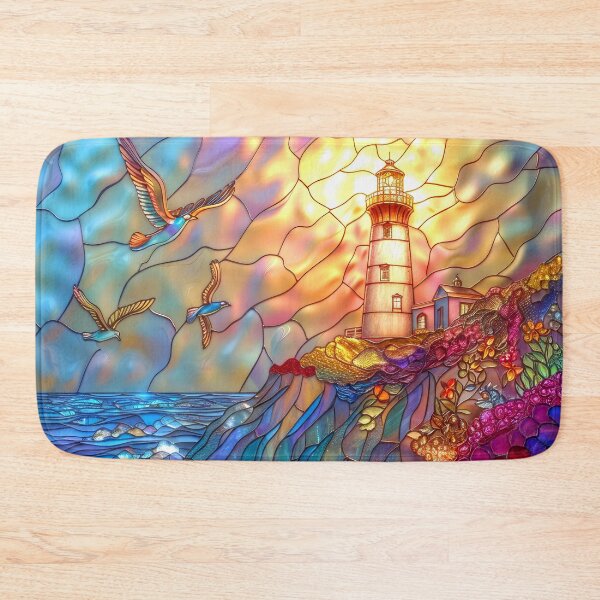 Item preview, Lighthouse Stained Glass Sunset Art, Coastal Ocean Scene designed and sold by MargaretWiktor.