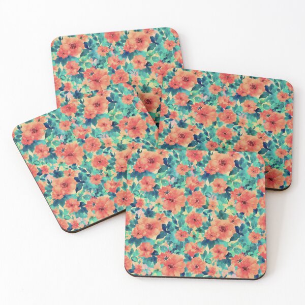 Item preview, Vibrant Coral and Teal Watercolor Floral Pattern designed and sold by zenjiinspired.