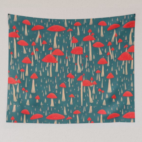 Item preview, Whimsical Red Mushroom Forest Pattern on Teal designed and sold by Elite Wall Art.