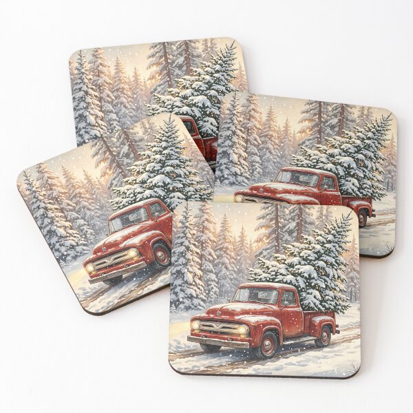 Item preview, Vintage Red Truck Christmas Tree Delivery in Snowy Forest designed and sold by larbimalki.