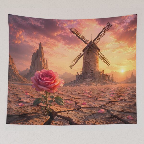 Item preview, Rose of the Forgotten Windmill – Surreal Desert Sunset designed and sold by DreamyWallVibes.