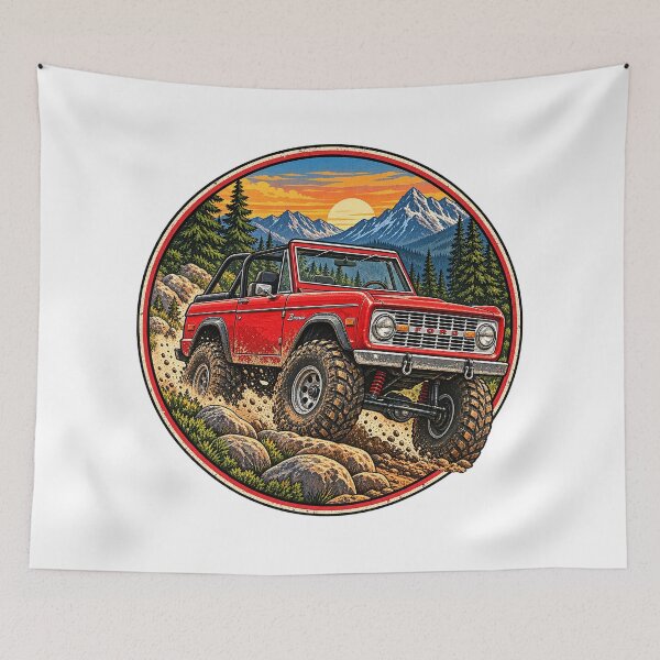 Aperçu de l'œuvre Vintage Bronco 4x4 Off-Road SUV Mountain Sunset Adventure Graphic créée et vendue par alwaysadeal.