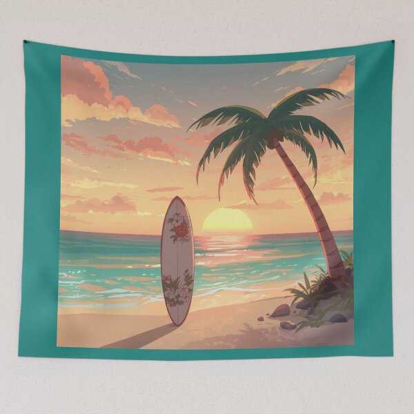 Item preview, Aesthetic Beach Sunset Surfboard and Palms designed and sold by MargaretPolanco.