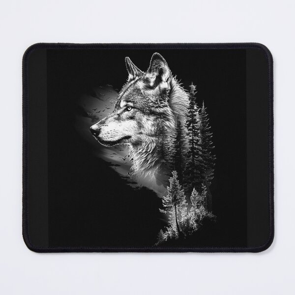 Item preview, Wolf Forest Double Exposure Black and White Wildlife Art designed and sold by inkoutninja.