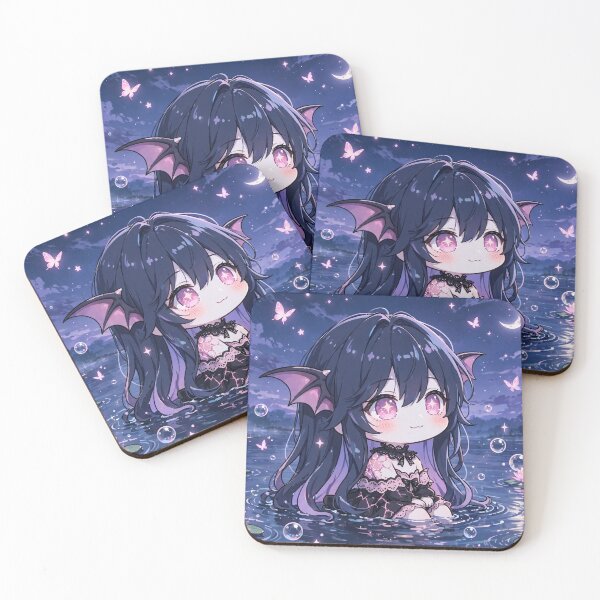 Item preview, Chibi Bat Girl in Moonlit Lotus Lake Pastel Goth Kawaii Anime designed and sold by Alcyone-Blue.