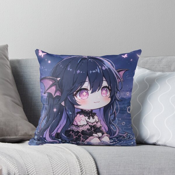 Item preview, Chibi Bat Girl in Moonlit Lotus Lake Pastel Goth Kawaii Anime designed and sold by Alcyone-Blue.