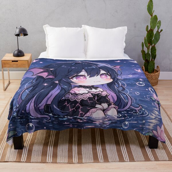 Item preview, Chibi Bat Girl in Moonlit Lotus Lake Pastel Goth Kawaii Anime designed and sold by Alcyone-Blue.