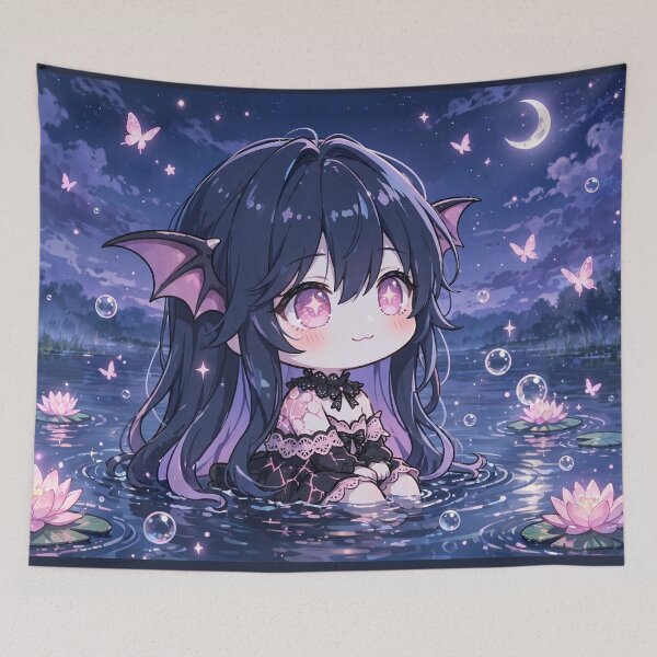 Item preview, Chibi Bat Girl in Moonlit Lotus Lake Pastel Goth Kawaii Anime designed and sold by Alcyone-Blue.