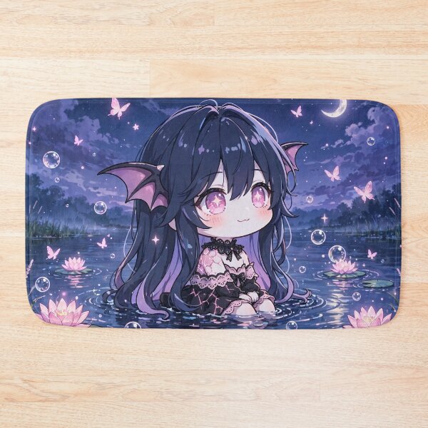 Item preview, Chibi Bat Girl in Moonlit Lotus Lake Pastel Goth Kawaii Anime designed and sold by Alcyone-Blue.