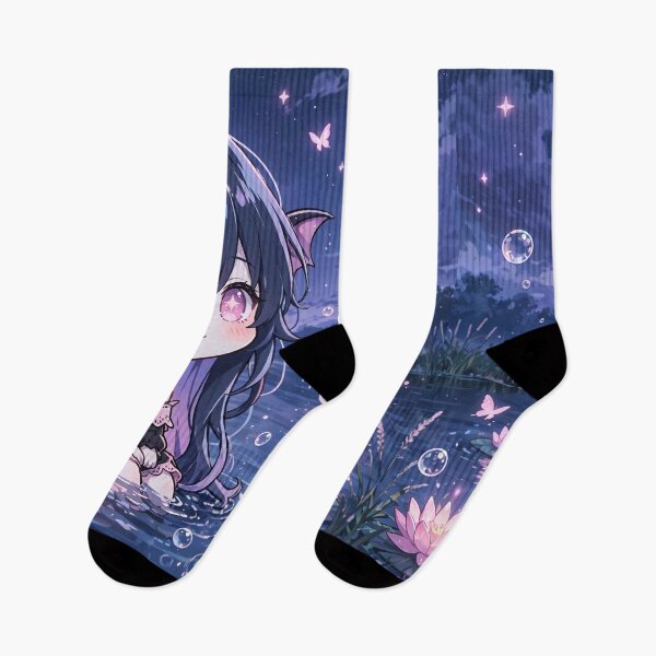 Item preview, Chibi Bat Girl in Moonlit Lotus Lake Pastel Goth Kawaii Anime designed and sold by Alcyone-Blue.
