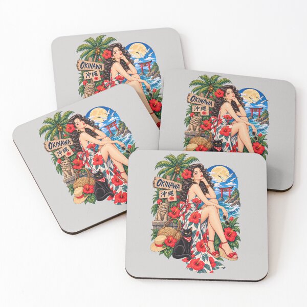 Item preview, Okinawa Tropical Pin-Up Girl – Hibiscus Kimono & Black Cat designed and sold by Ghostwave Atelier.