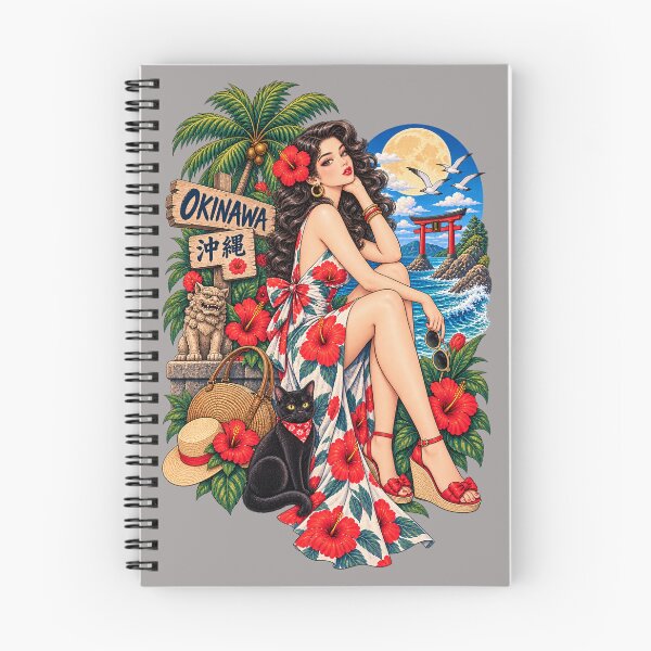 Item preview, Okinawa Tropical Pin-Up Girl – Hibiscus Kimono & Black Cat designed and sold by Ghostwave Atelier.