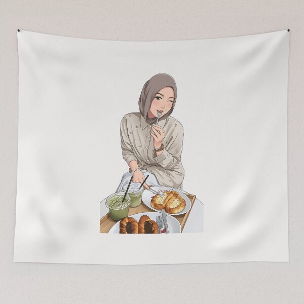 Item preview, Hijab Girl eating and hangout in a Cozy place illustration vector art designed and sold by sabartgunpla.