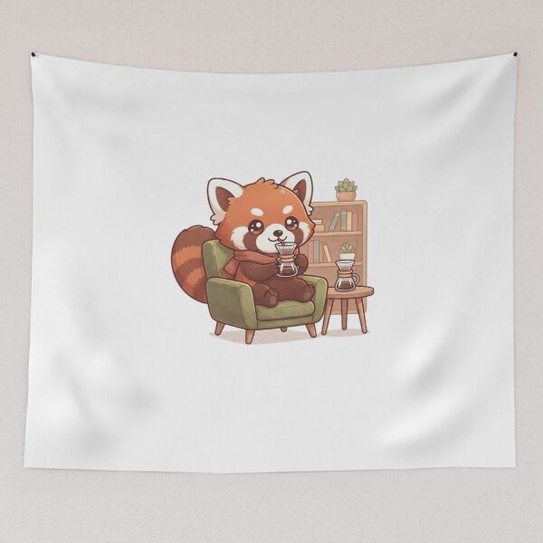 Item preview, Cozy Red Panda Drinking Pour Over Coffee in Armchair designed and sold by GraphiteRealm.