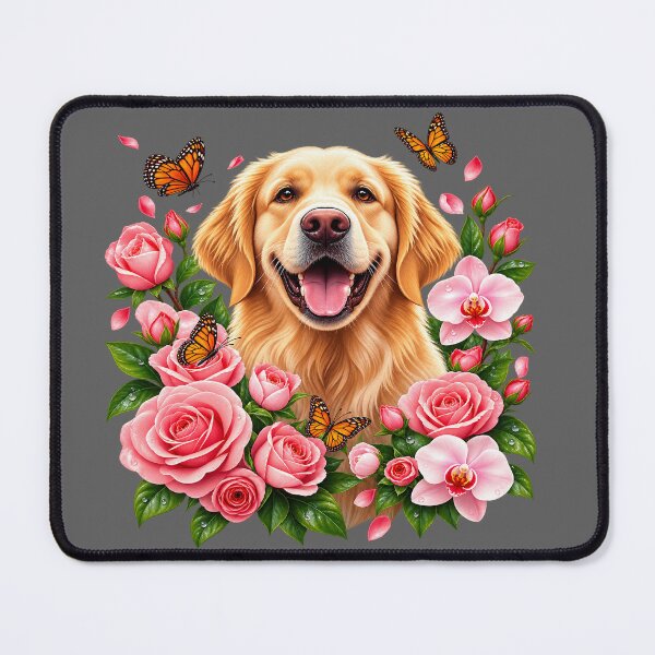 Item preview, Golden Retriever Floral Portrait | Happy Dog with Roses & Butterflies designed and sold by RobertArt08.
