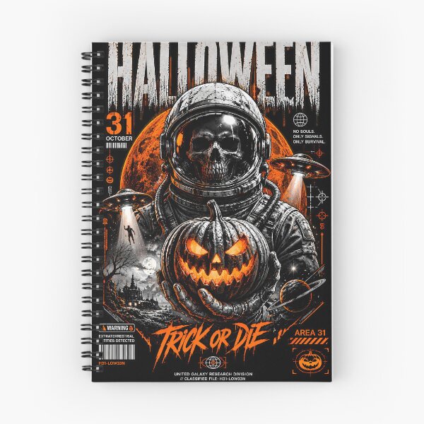 Item preview, "Trick or Die": Science Fiction and Horror Halloween Poster with Skull Astronaut and UFOs designed and sold by For Glory.