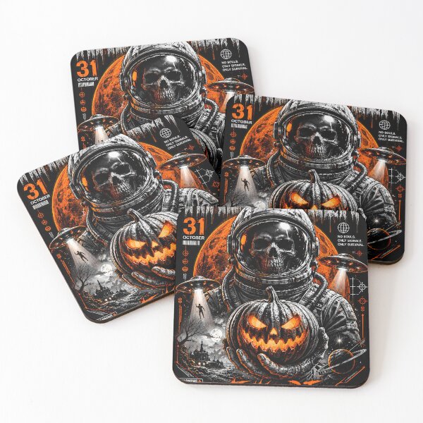 Item preview, "Trick or Die": Science Fiction and Horror Halloween Poster with Skull Astronaut and UFOs designed and sold by For Glory.