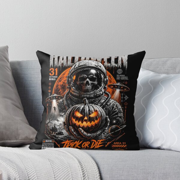 Item preview, "Trick or Die": Science Fiction and Horror Halloween Poster with Skull Astronaut and UFOs designed and sold by For Glory.