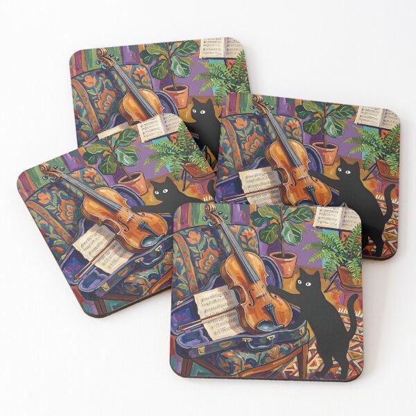 Item preview, Musical Black Cat Plucking Violin String Matisse Style Print designed and sold by DuckOddity.