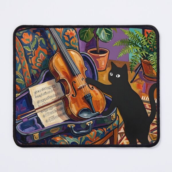 Item preview, Musical Black Cat Plucking Violin String Matisse Style Print designed and sold by DuckOddity.