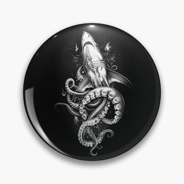 Item preview, Shark and Octopus Battle Dark Nautical Sea Monster Art designed and sold by inkoutninja.