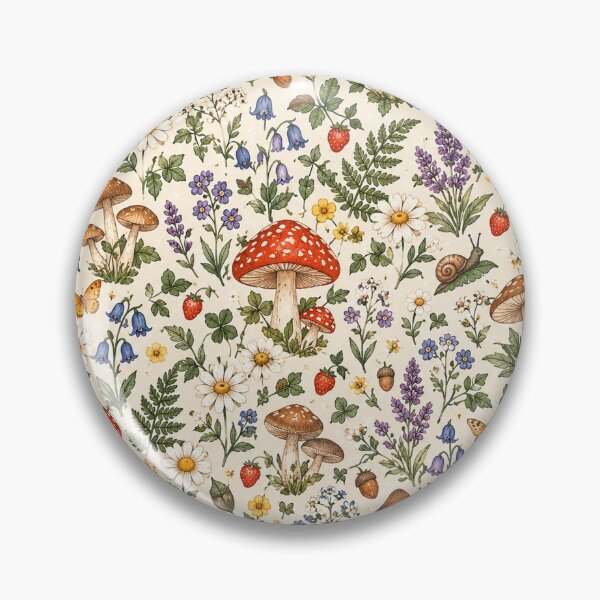 Artikelvorschau, Cottagecore-Muster mit Pilzen und Wildblumen – Waldbotanisches Motiv entworfen und verkauft von RJACreative.