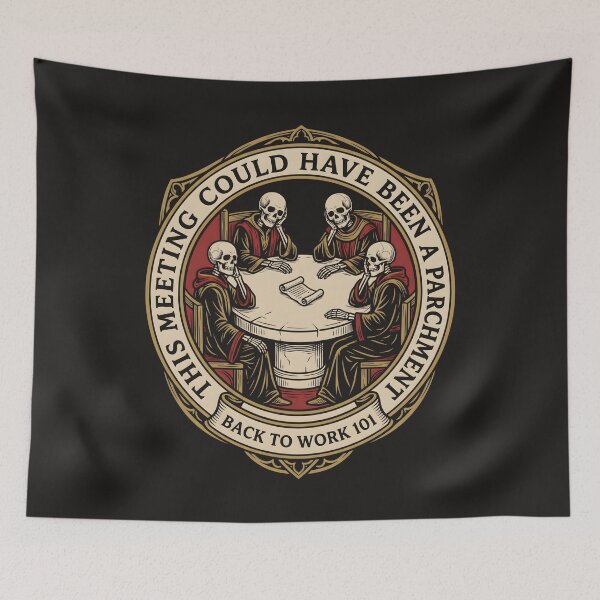 Item preview, Skeleton Meeting Parchment Office Humor Badge designed and sold by SplashTastic.