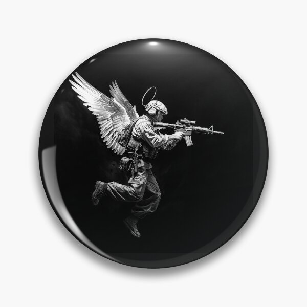 Item preview, Winged Soldier with Halo Dark Military Angel Black and White Art designed and sold by inkoutninja.