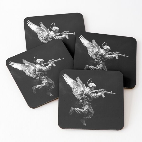 Item preview, Winged Soldier with Halo Dark Military Angel Black and White Art designed and sold by inkoutninja.