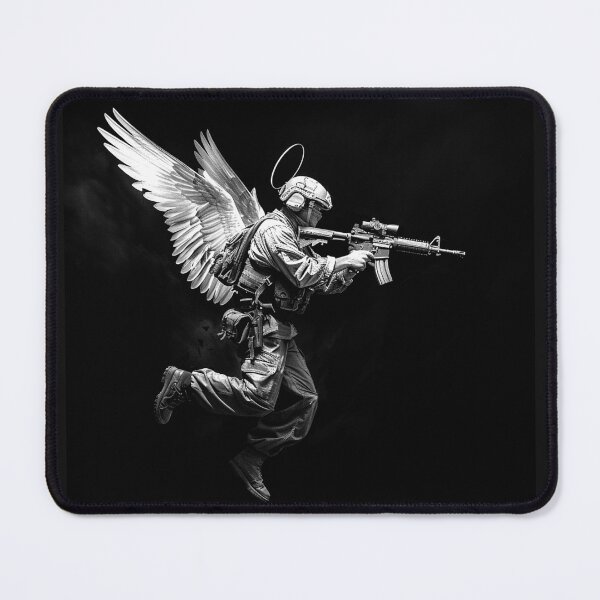 Item preview, Winged Soldier with Halo Dark Military Angel Black and White Art designed and sold by inkoutninja.