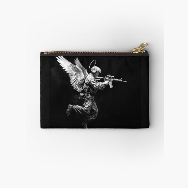 Item preview, Winged Soldier with Halo Dark Military Angel Black and White Art designed and sold by inkoutninja.
