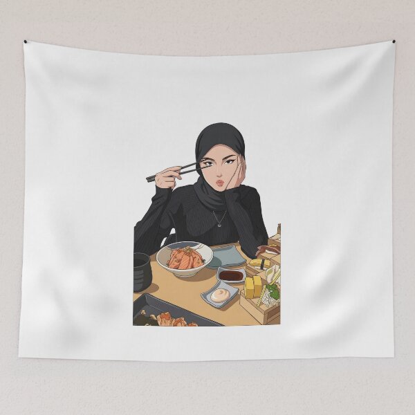 Item preview, Japanese Food & Sushi Feast Chic Hijab Girl hand draw Illustration designed and sold by sabartgunpla.